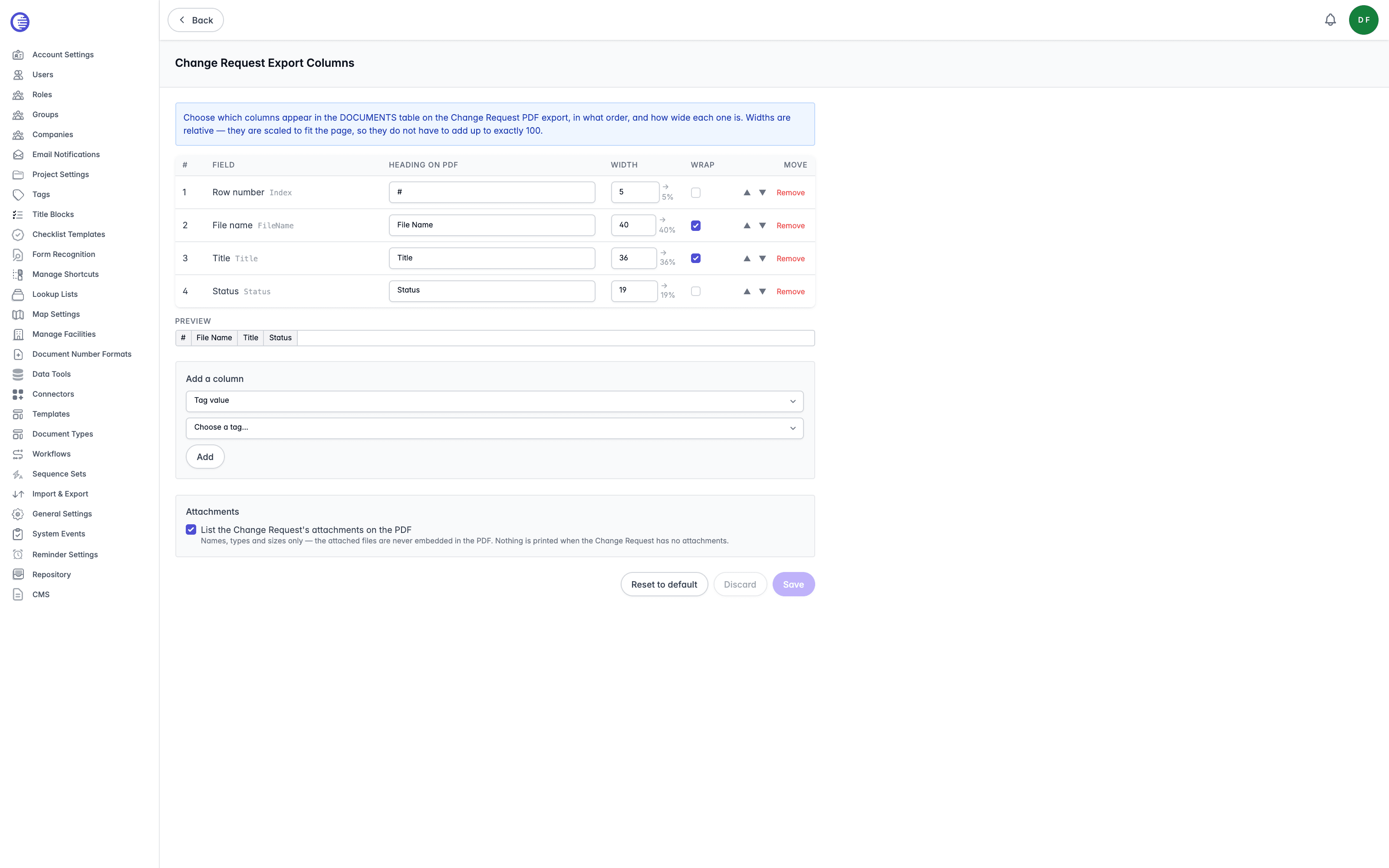 Add a column section with Tag value chosen, revealing the Choose a tag dropdown above the Add button, with the column table and preview strip above it