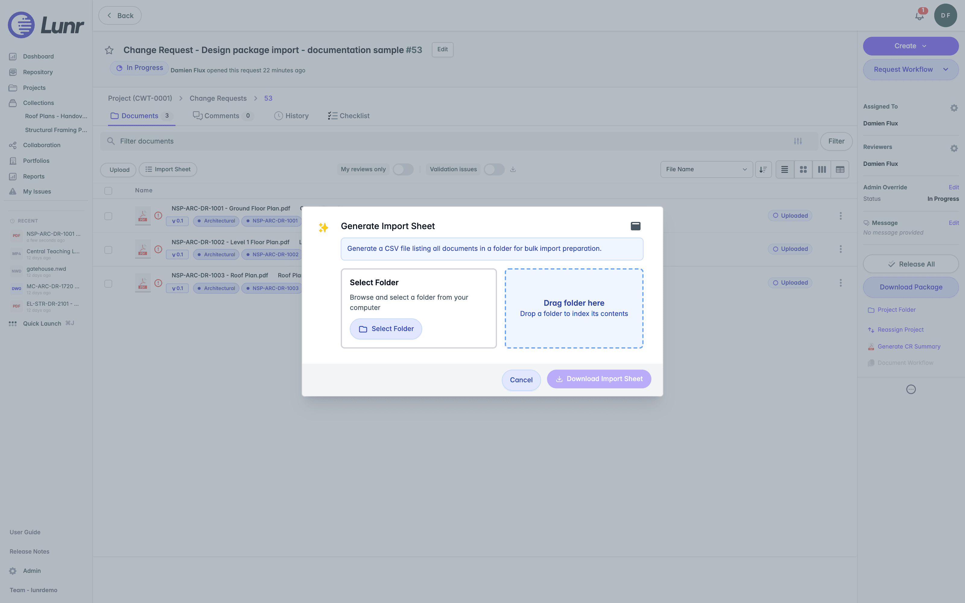 Generate Import Sheet dialog with a Select Folder option, a drag folder area, and Cancel and Download Import Sheet actions