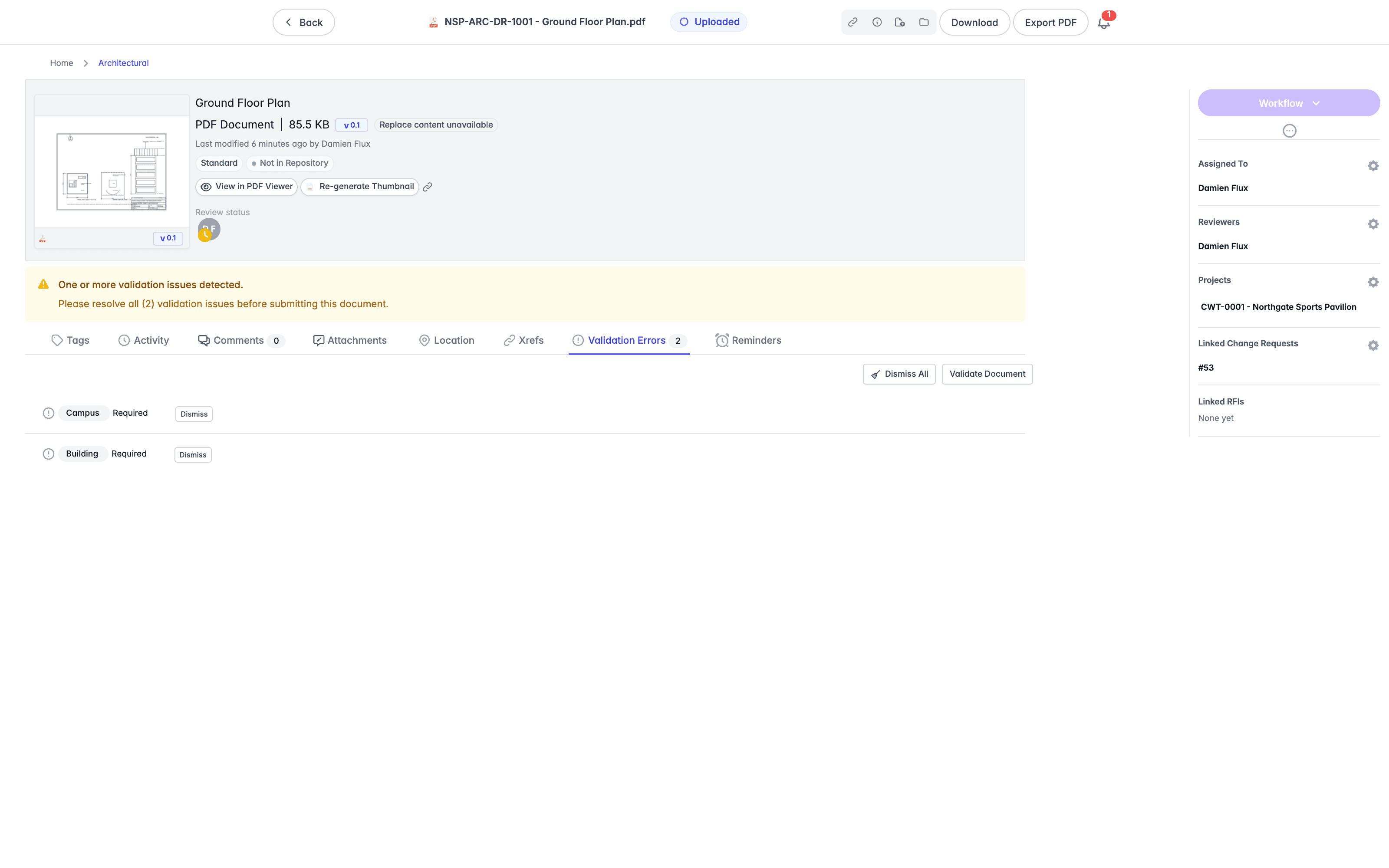 Validation Errors tab on an imported drawing, listing the Campus and Building tags as Required, each with a Dismiss action, above Dismiss All and Validate Document